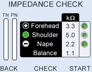 Pre-test environment monitoring -power line noise (PN), total infant noise (TN), Individual electrodes are highlighted if their impedance is too high.
